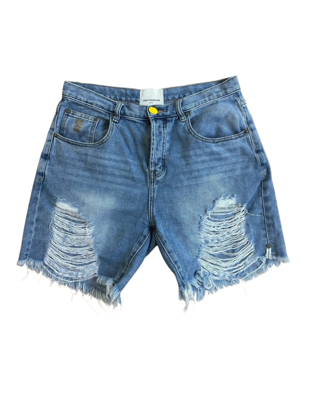 One Teaspoon Blue Distressed Raw Fringe Hem Denim Shorts